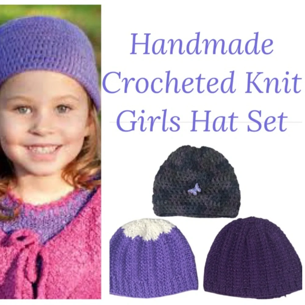 Girl’s Handmade Crochet Beanies Textured Sweater Knit Butterfly Metallic Purple